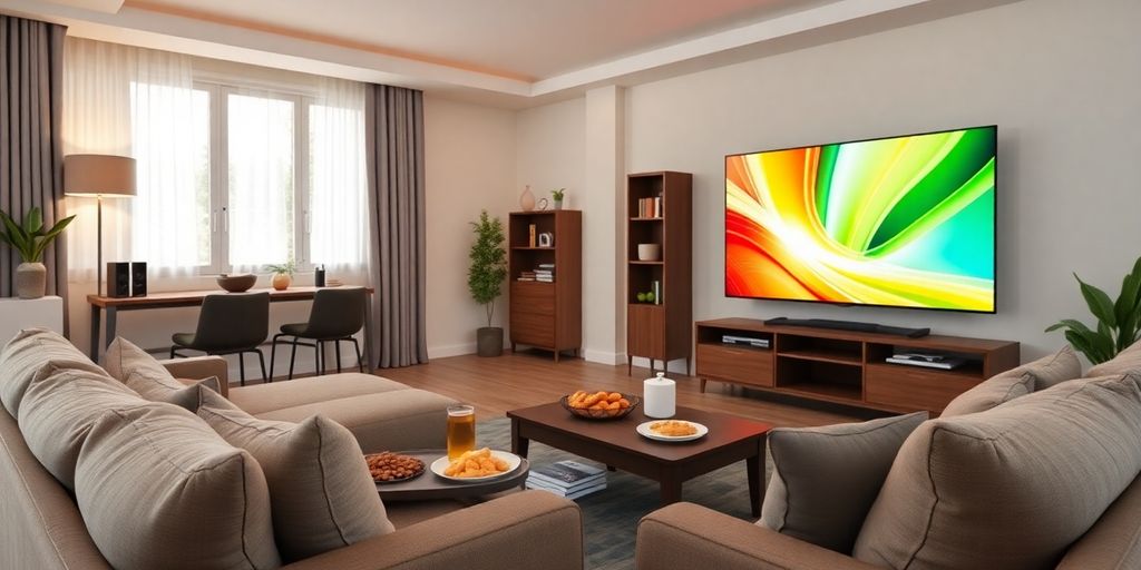 Gezellige woonkamer met een grote tv en comfortabele bank.